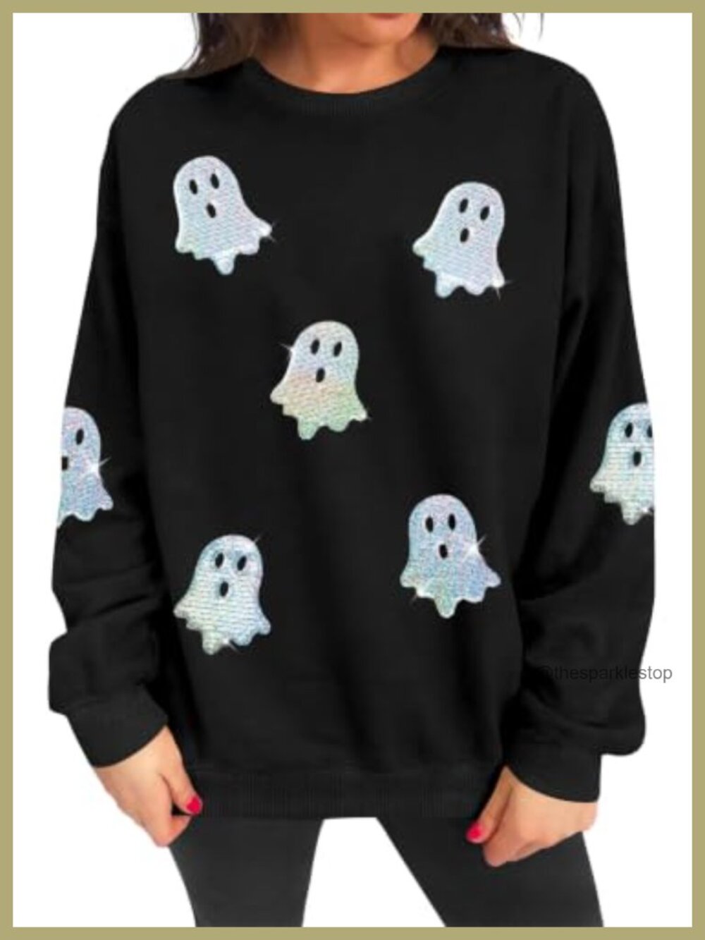 Sequin Ghost Halloween Sweatshirt Women Long Sleeve Pullover Crew Neck